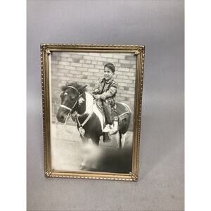 Vintage Photograph Of A Young Boy On A Horse In Gold Colored Frame - 7x5”